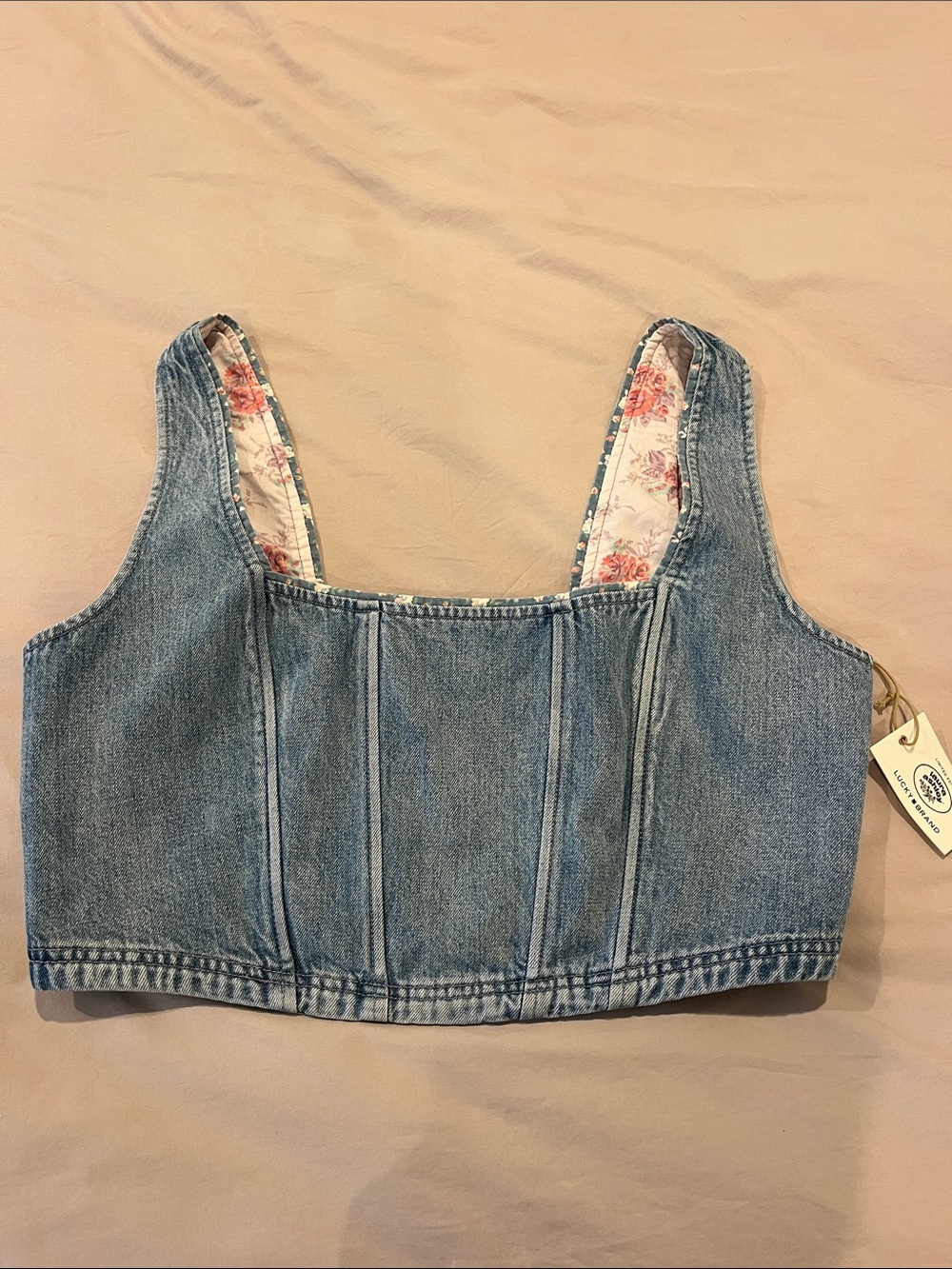 Lucky Brand Light Blue Denim Crop Tank with Floral Lining